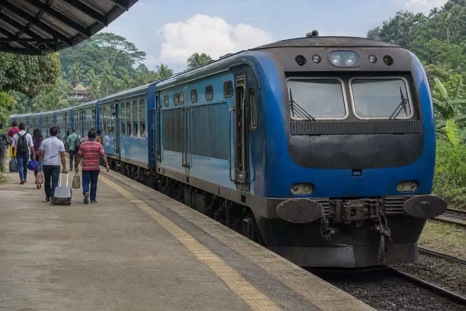 Sri Lanka Railways train at a station platform for onward travel from Colombo
